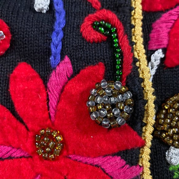Vintage 90s Michael Simon Embroidered Cardigan Sweater Women's XL Poinsettia - Picture 3 of 10
